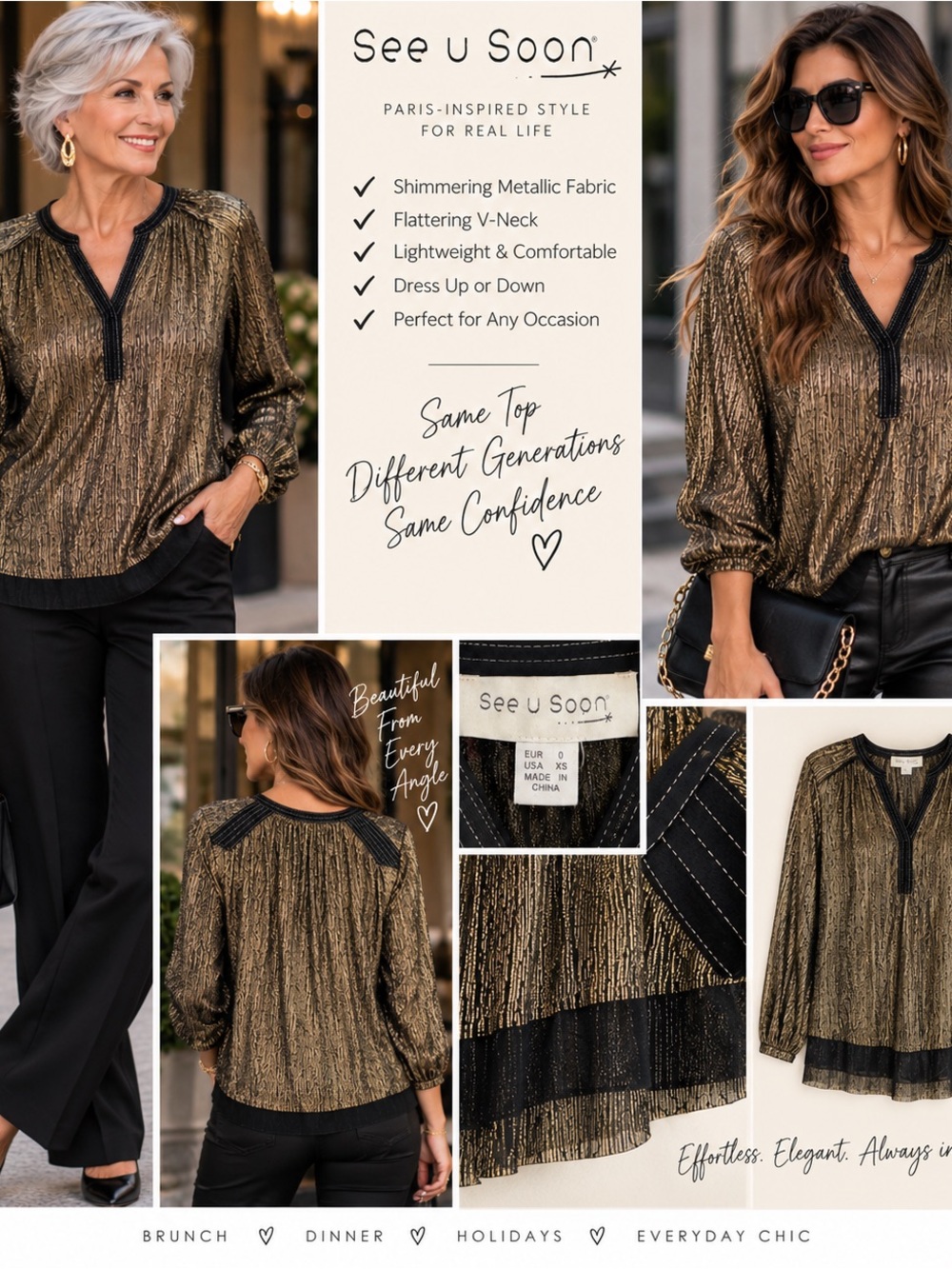 See U Soon Metallic Gold V-Neck Blouse